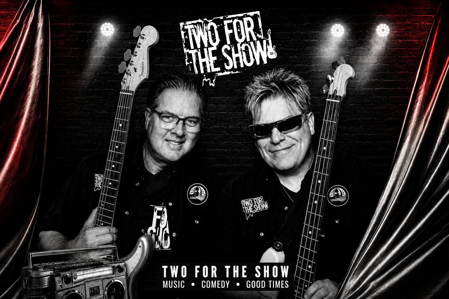 Two for the Show musicians holding guitars in a black-and-white promotional photograph