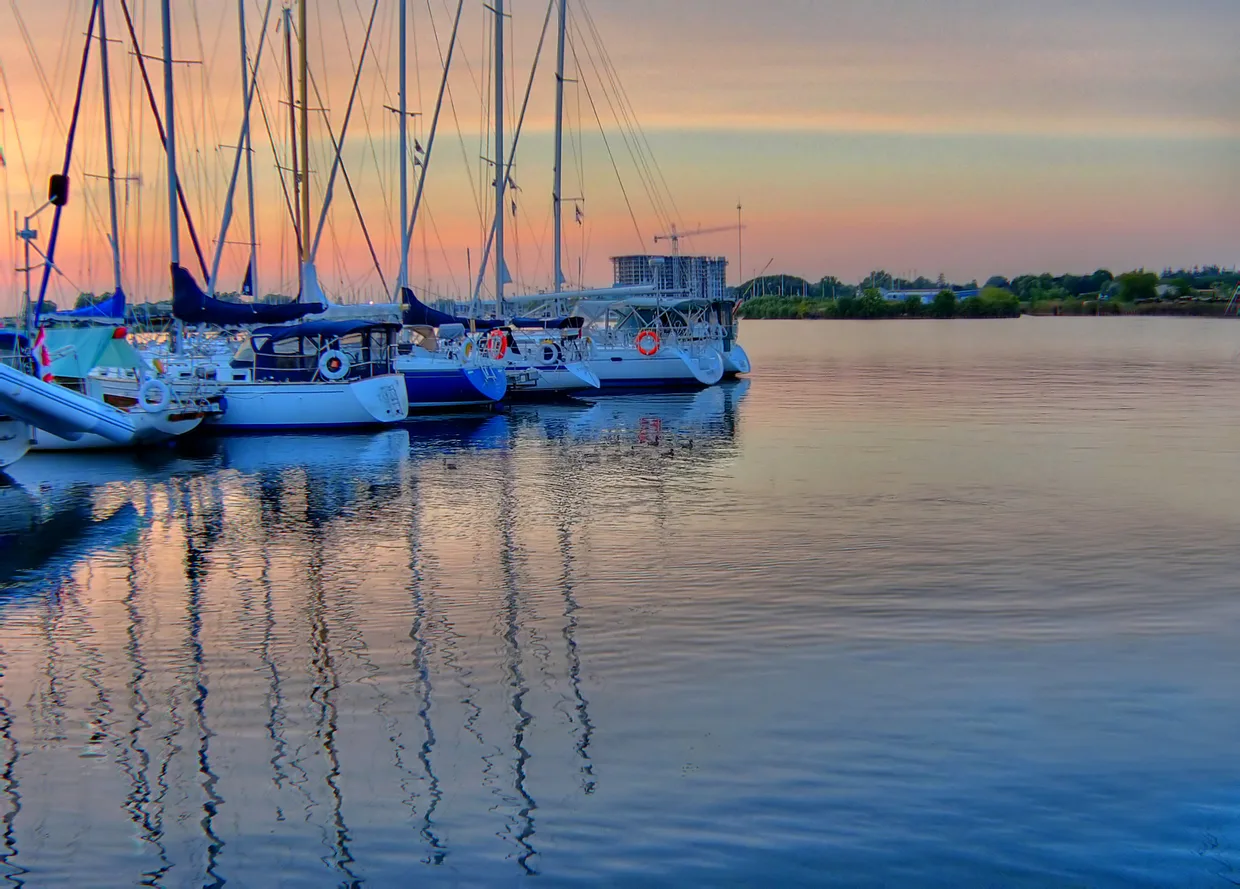 Sailboats on the calm water of Whitby Harbour, Ontario